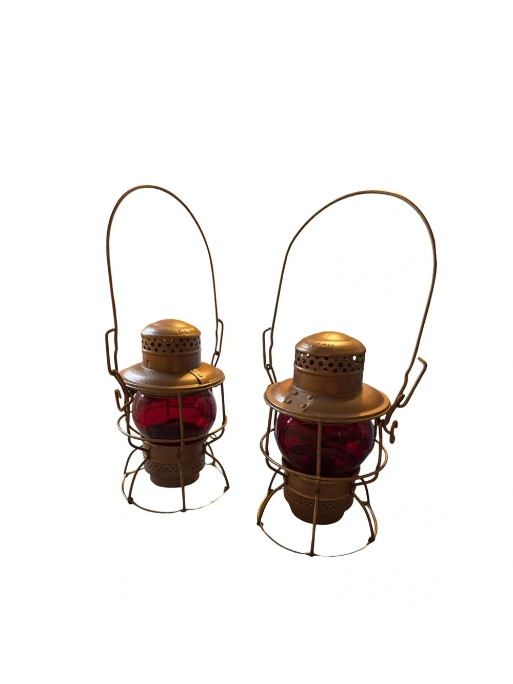 Pair of Vintage Adlake Kero Railroad Lanterns with Red Globes|Bronze Finish